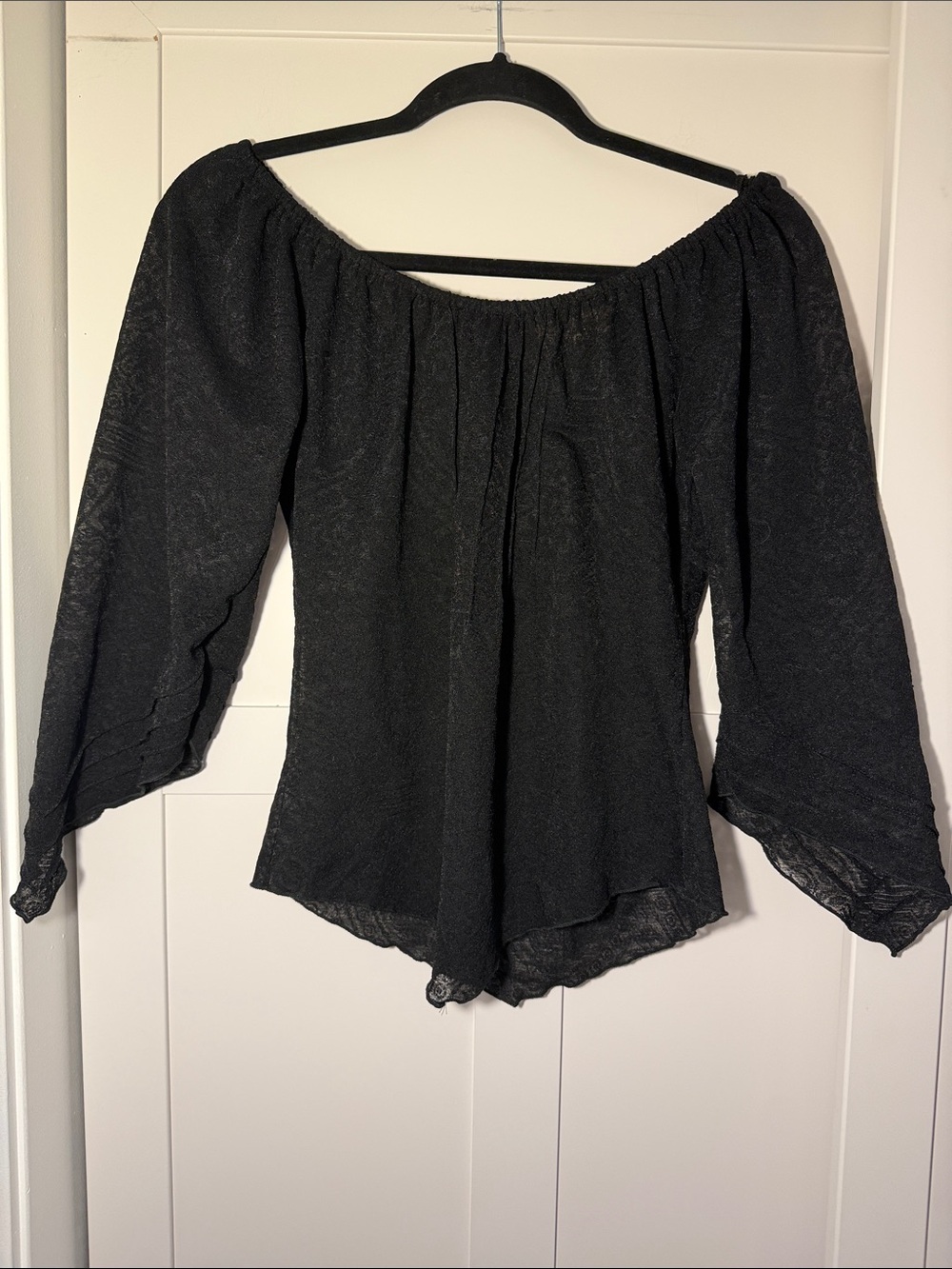 Black Sheer Lace Off-Shoulder Peasant Top - Women